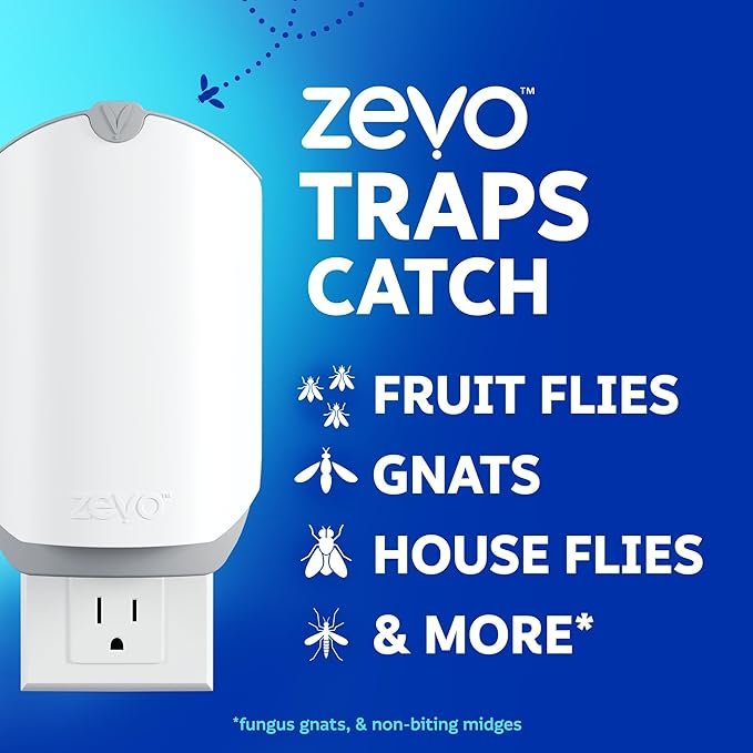 zevo flying insect trap with 3 refill cartridges – plug in indoor bug catcher for gnats, fruit flies & house flies | blue & uv light trap, odor free, mess free fly zapper alternative