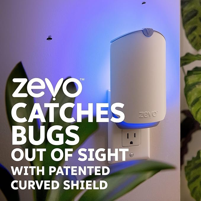 zevo flying insect trap with 3 refill cartridges – plug in indoor bug catcher for gnats, fruit flies & house flies | blue & uv light trap, odor free, mess free fly zapper alternative