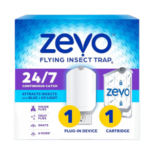 zevo flying insect trap with 3 refill cartridges – plug in indoor bug catcher for gnats, fruit flies & house flies | blue & uv light trap, odor free, mess free fly zapper alternative